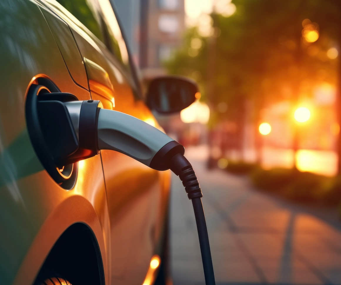 EV charging on street electric power supply station with power cable