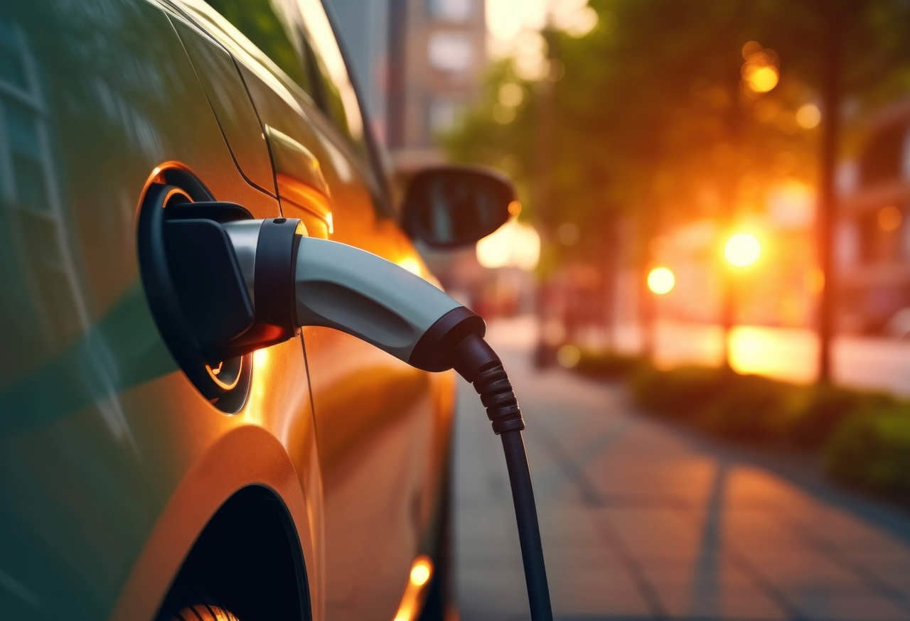 EV charging on street electric power supply station with power cable