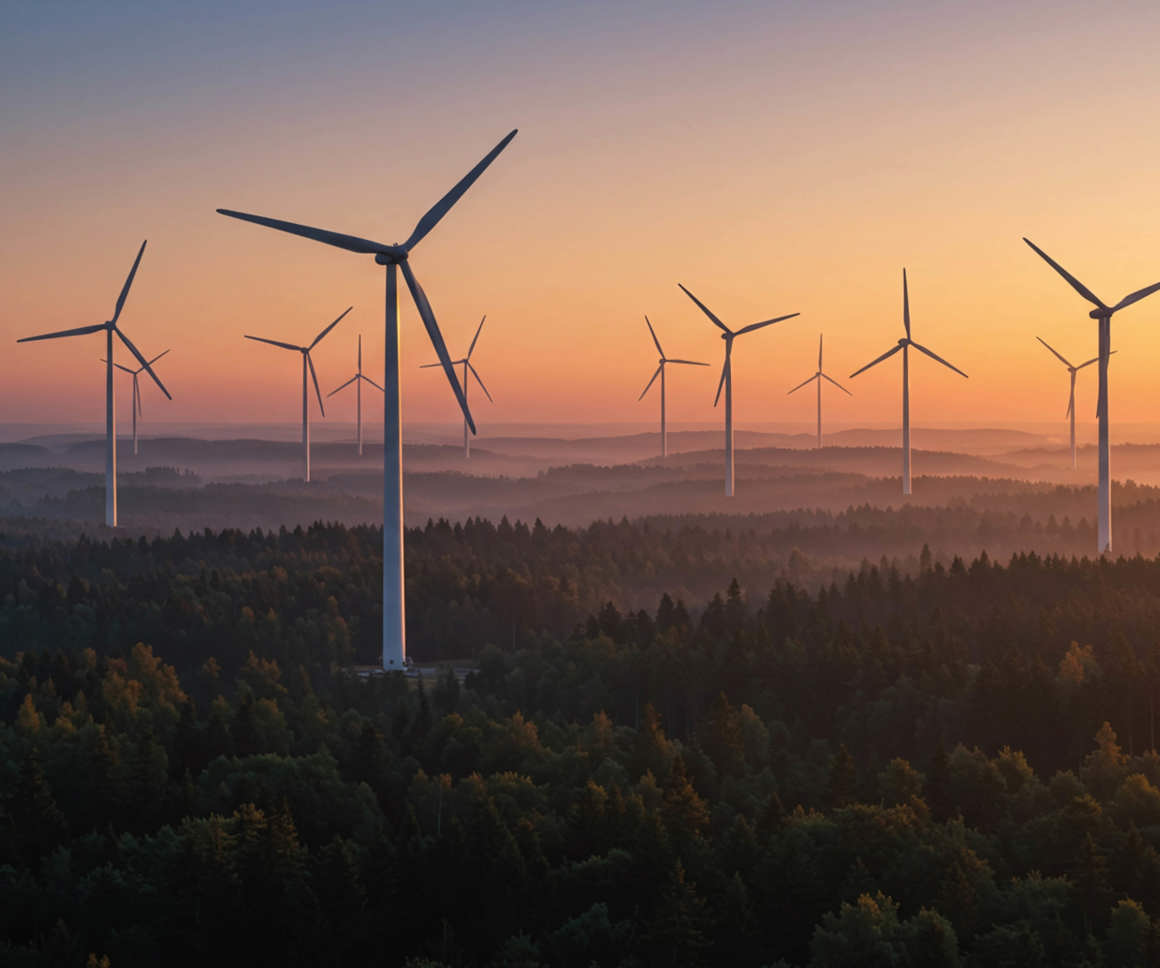 wind turbines in a forest against a hazy orange sunset