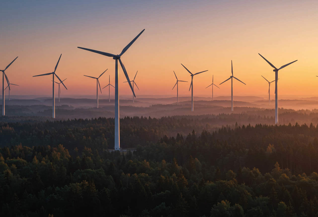 wind turbines in a forest against a hazy orange sunset