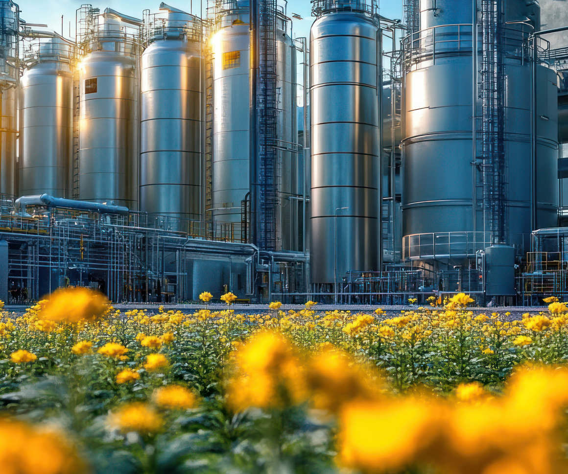 Power station next to field of yellow wildflowers