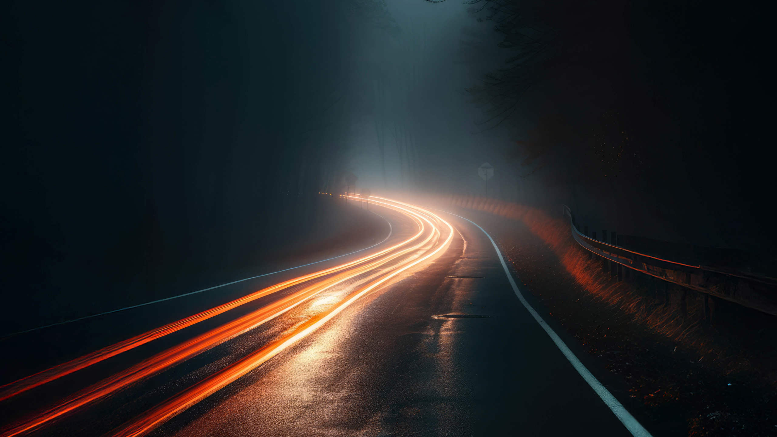 Long exposure car lights on a road at night