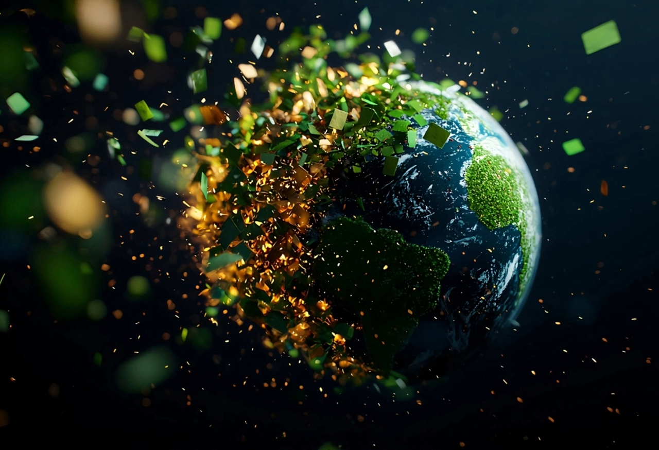 Earth seen from space with green and gold confetti covering half of the planet