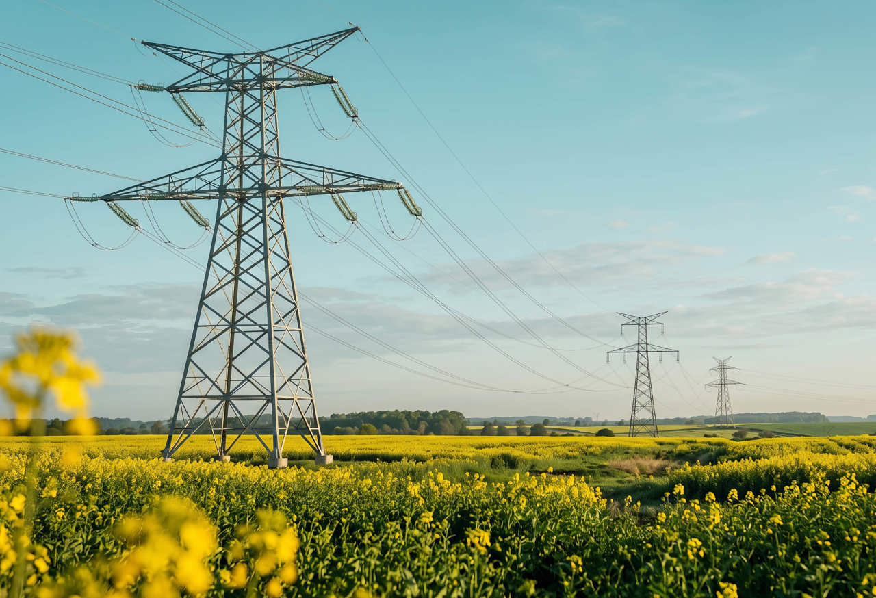 Tall metal electricity pylons carrying high voltage power lines across a vibrant yellow rapeseed field