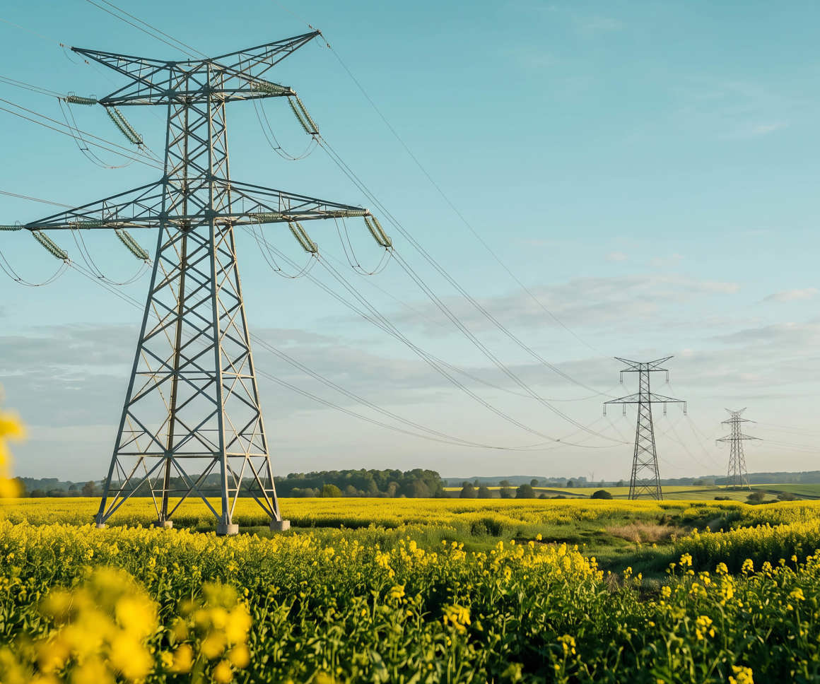 Tall metal electricity pylons carrying high voltage power lines across a vibrant yellow rapeseed field