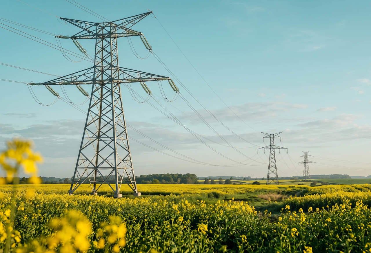 Tall metal electricity pylons carrying high voltage power lines across a vibrant yellow rapeseed field