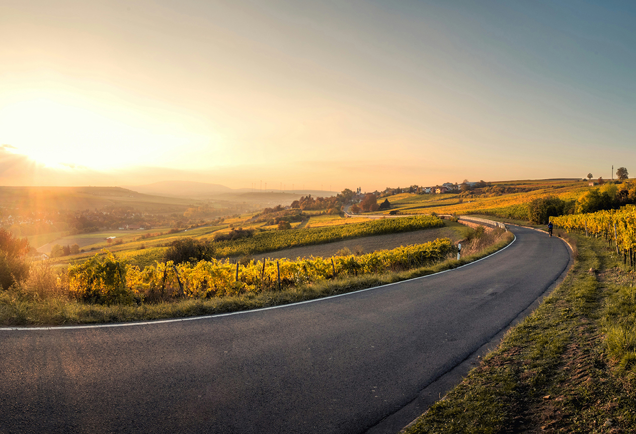 Road going through the countryside at sunset