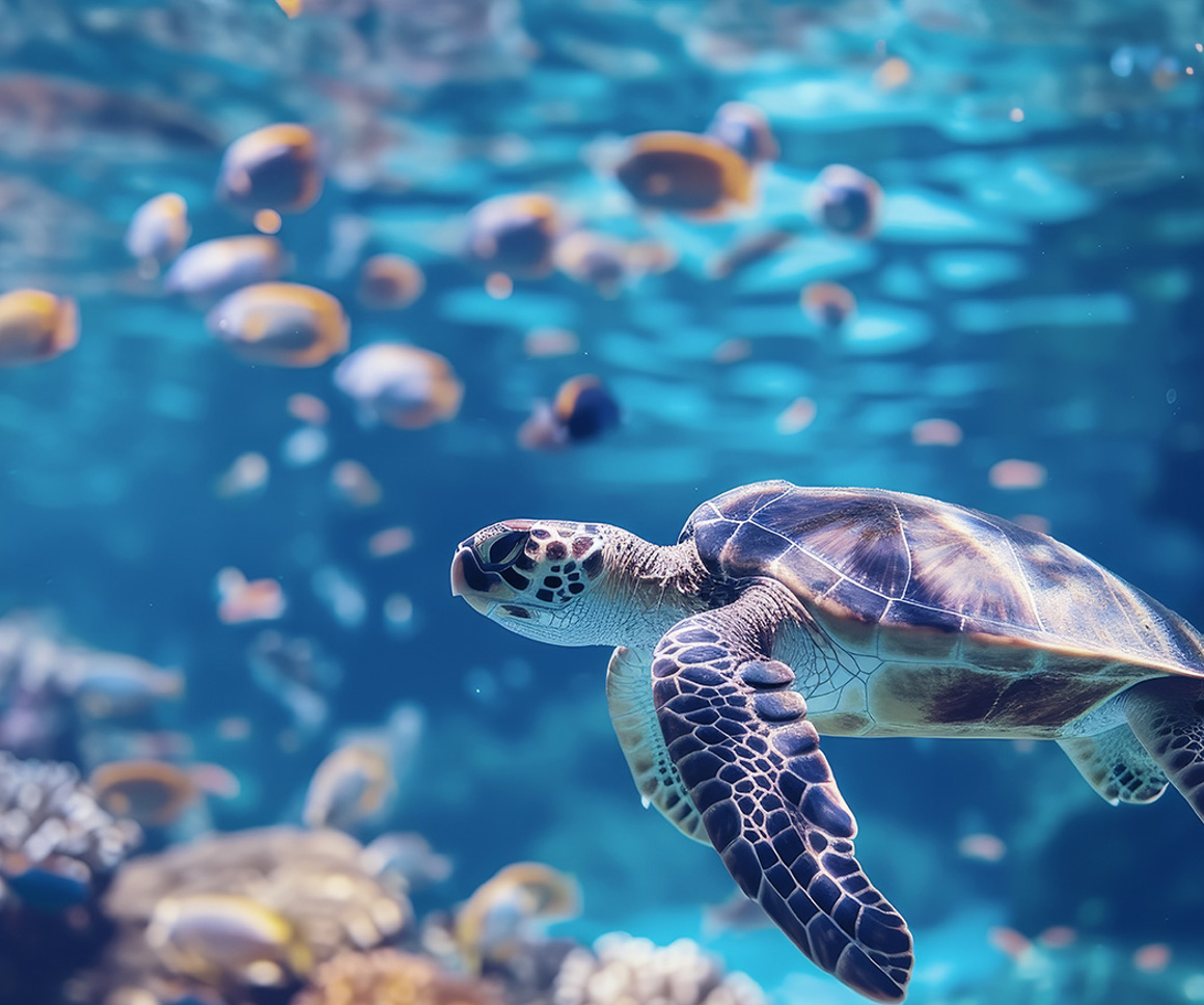 Turtle swimming near coral