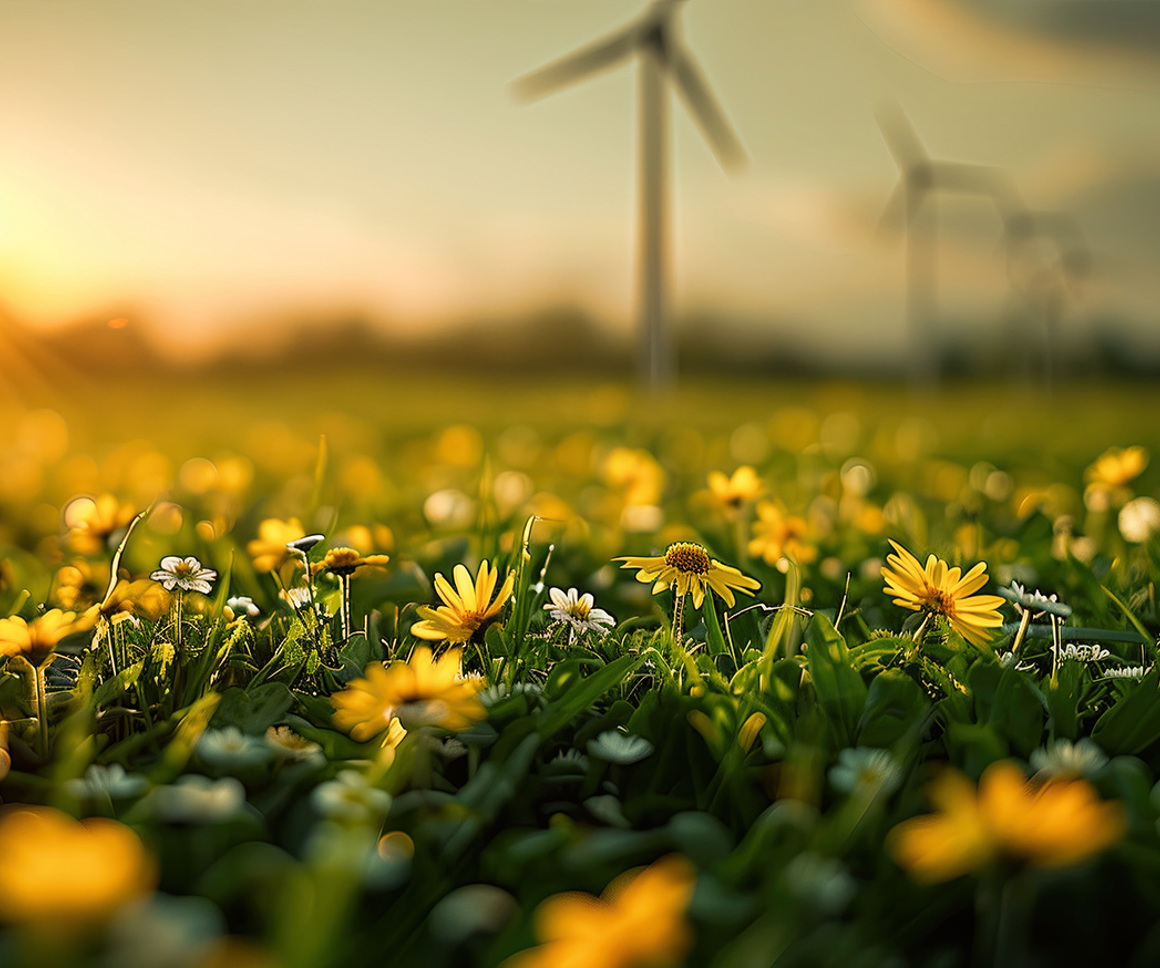 Wind turbines on a wildflower field