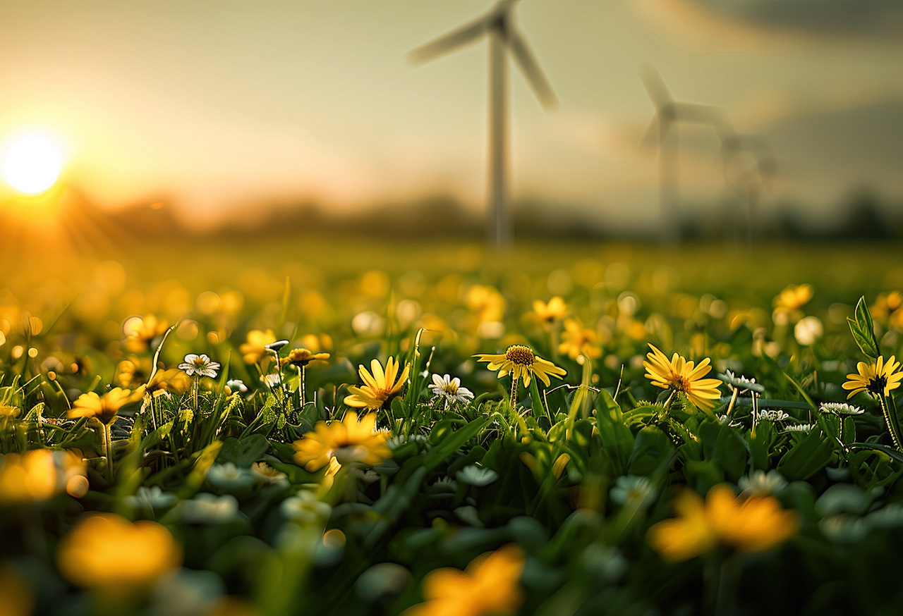 Wind turbines on a wildflower field