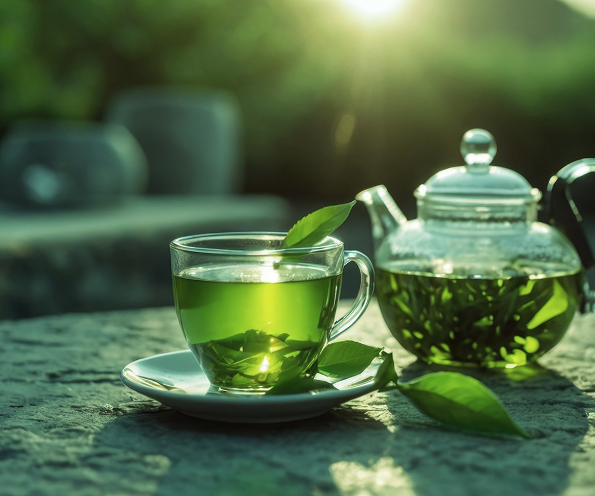 Green herbal tea and teapot