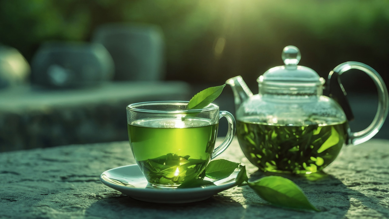 Green herbal tea and teapot