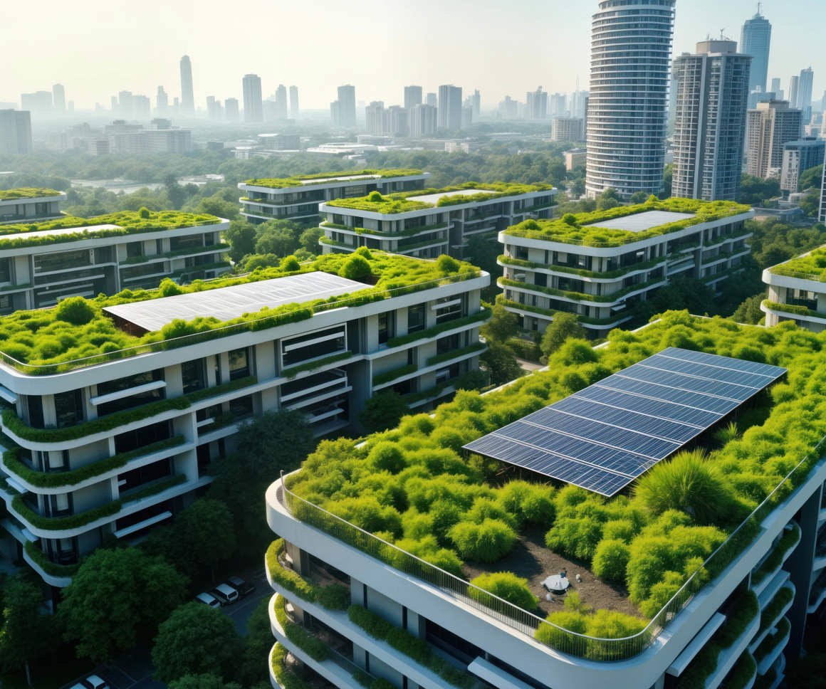 Futuristic blocks of apartments with solar panels and lots of greenery