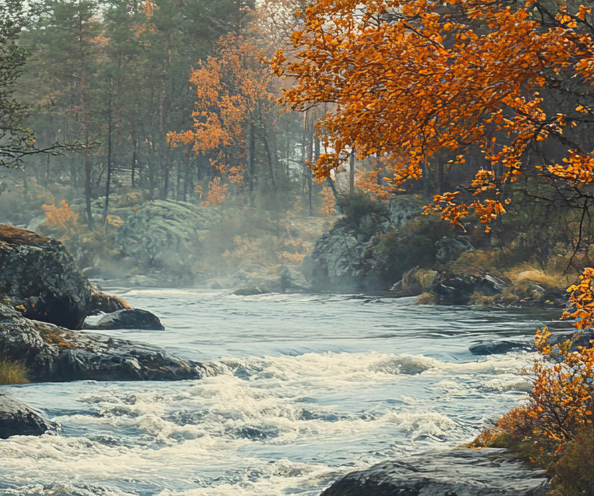 Wild river flowing through forest landscape during September autumn