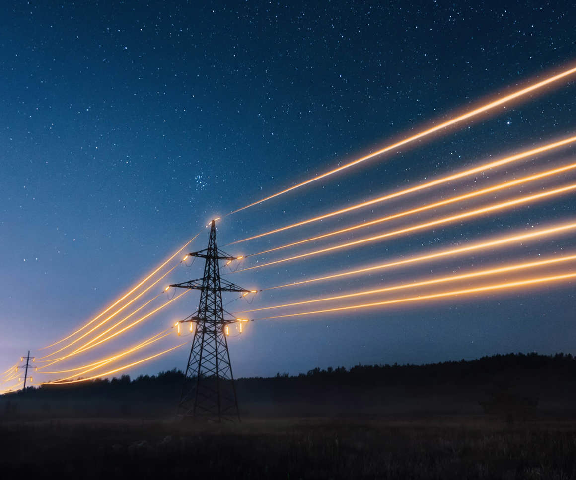 A starry night sky over a landscape with power lines stretched across tall electrical towers, which are illuminated to create bright, parallel lines of light against the dark horizon.