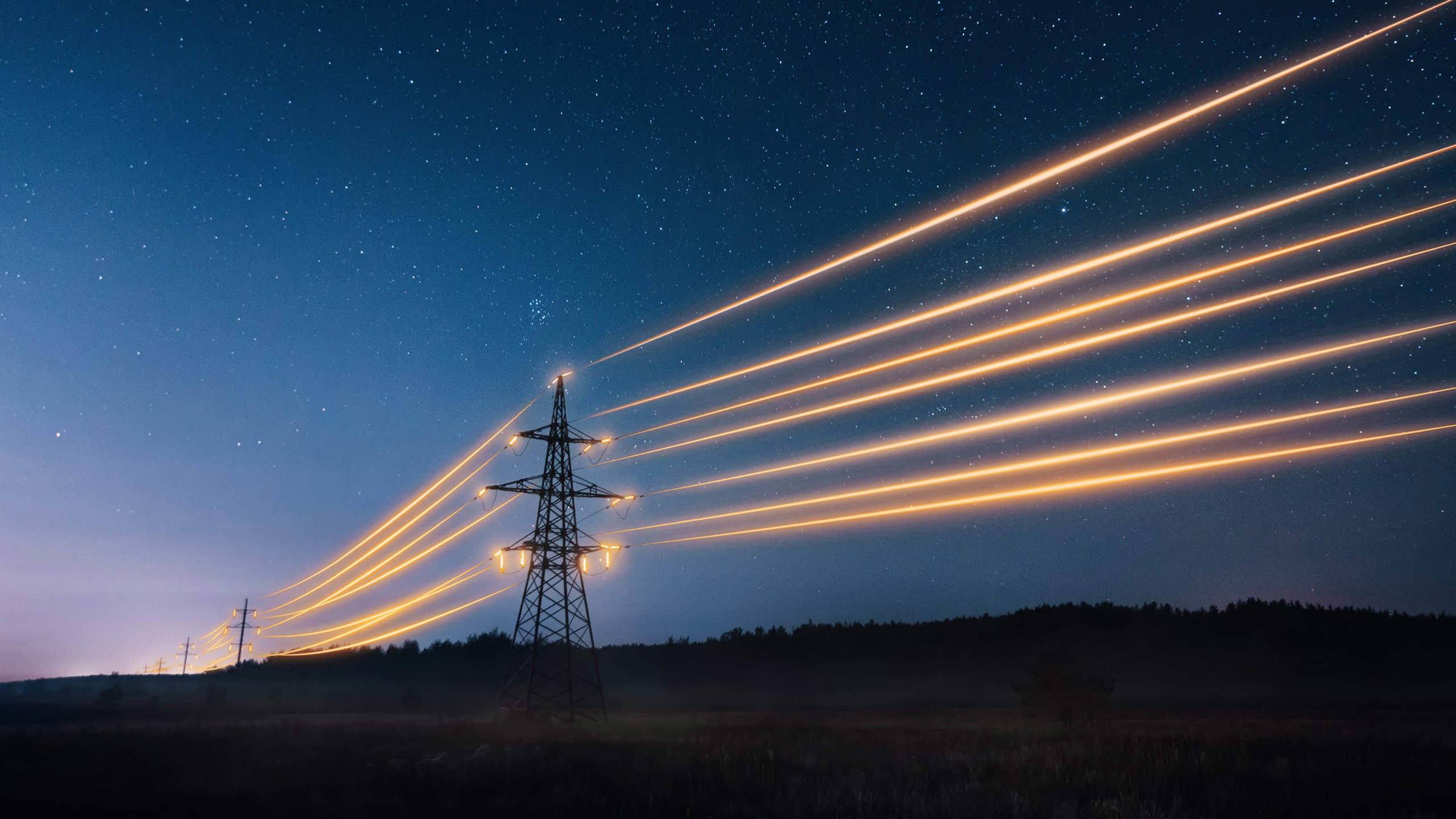 A starry night sky over a landscape with power lines stretched across tall electrical towers, which are illuminated to create bright, parallel lines of light against the dark horizon.