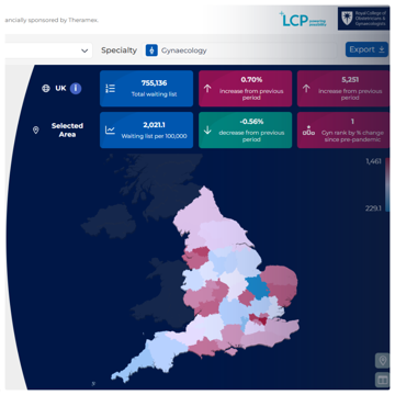 Screenshot of the Elective Recovery Tracker showing an interactive map of England