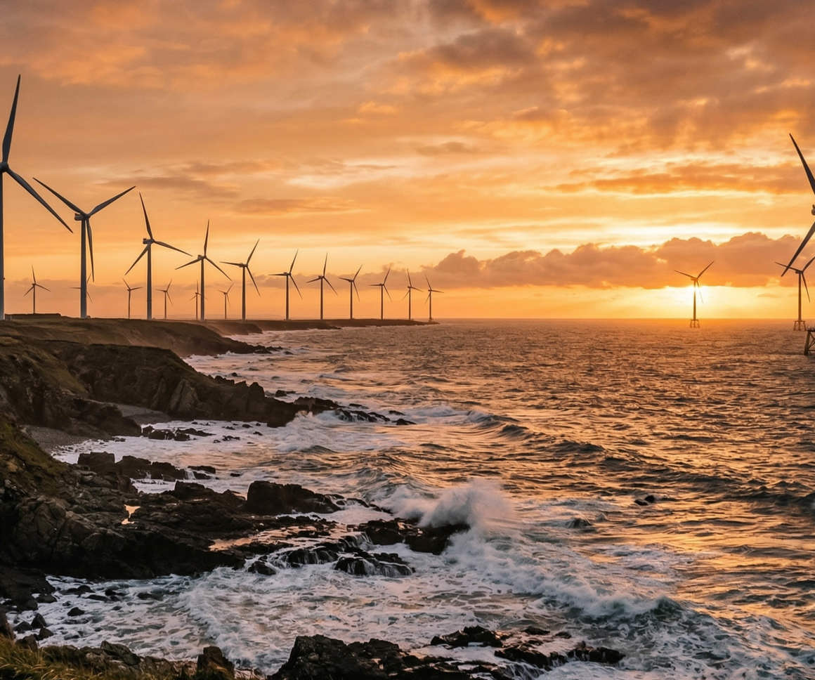 offshore and onshore wind turbines against a sunset sky