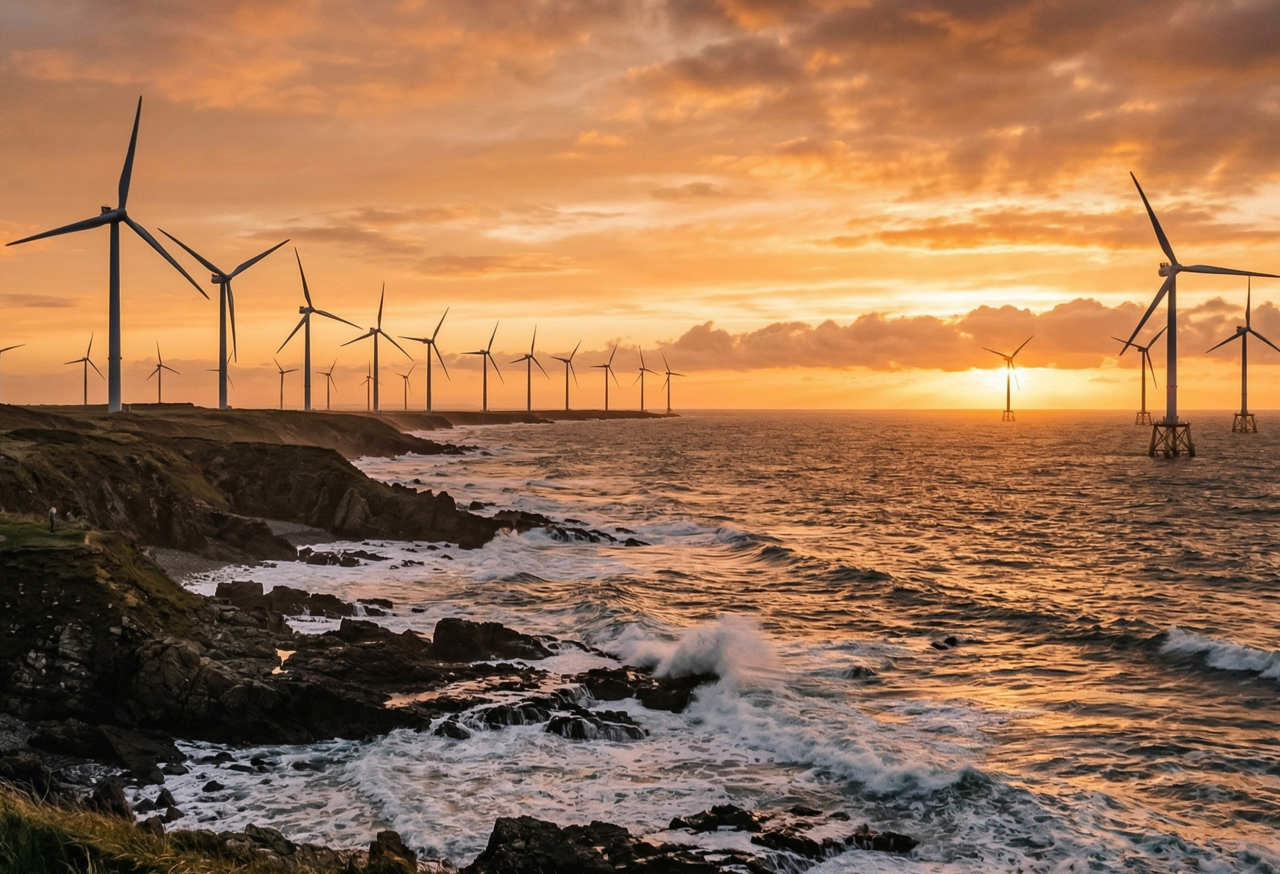 offshore and onshore wind turbines against a sunset sky