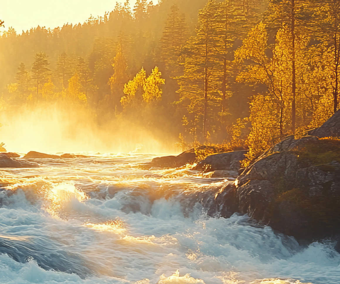rushing river through a woodland forest at dawn