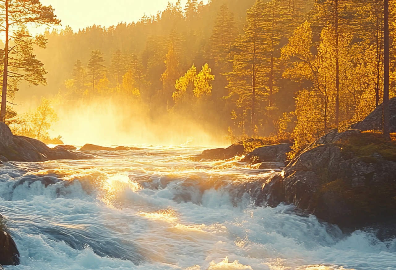 rushing river through a woodland forest at dawn