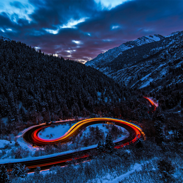 Winding road at night