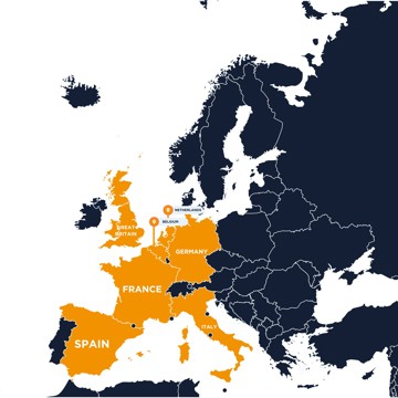 Map of Europe regions the LCP Delta report covers: Great Britain, France, Spain, Germany, Belgium, Netherlands and Italy