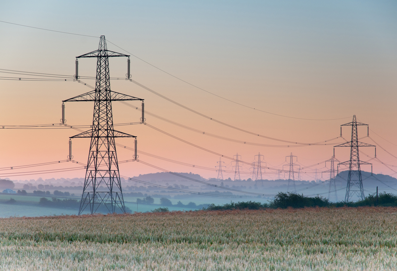 Transmission Pylons Against Morning Sky In A Corn Field