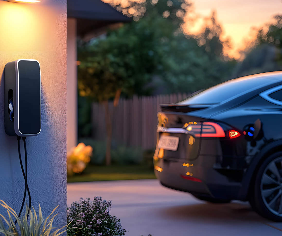 Wall mounted electric home charger, wallbox EV charging station with cable connected to black car. Eco alternative energy charging for modern electric vehicles at house, evening.
