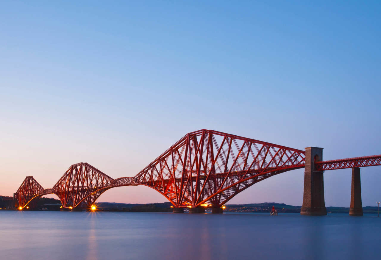 Forth rail bridge in Scotland at dawn
