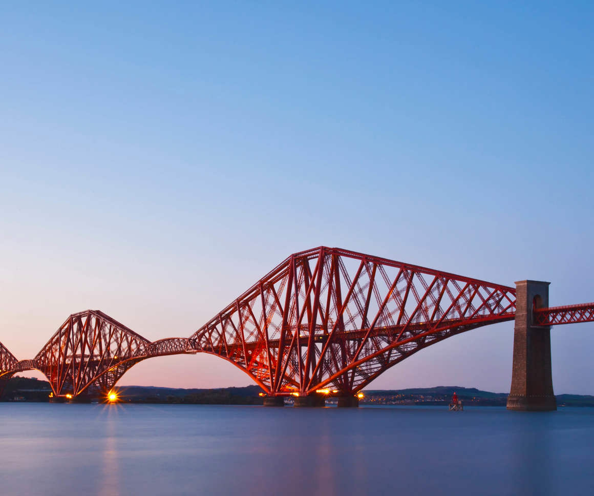 Forth rail bridge in Scotland at dawn