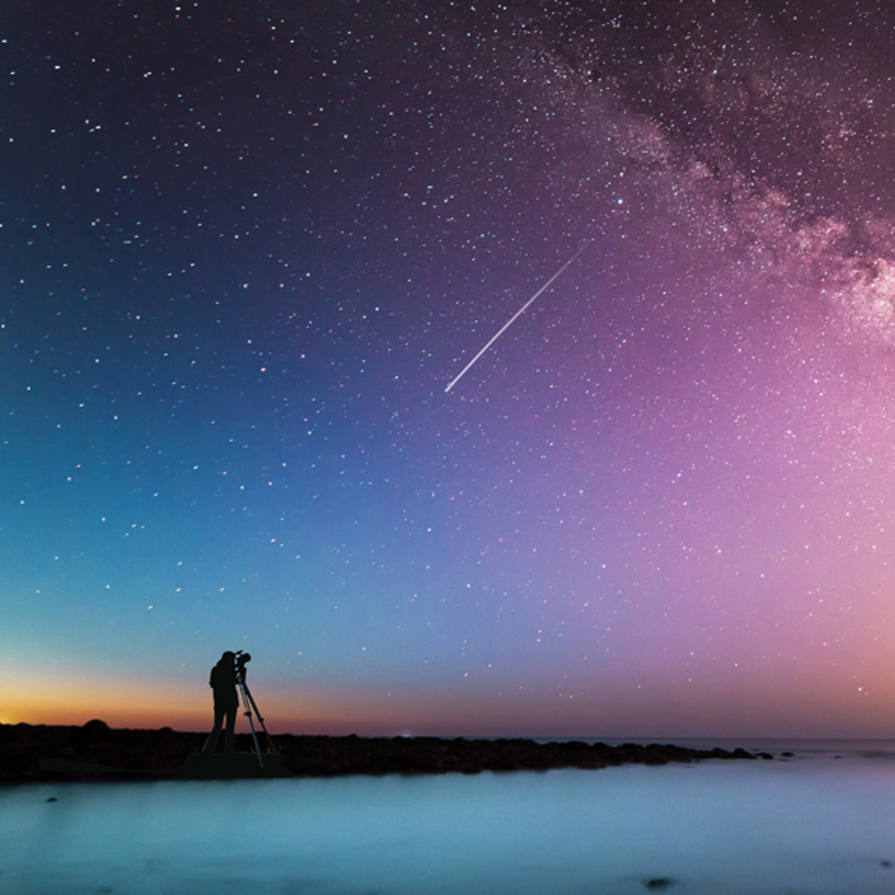 Person looking at shooting star in starry sky