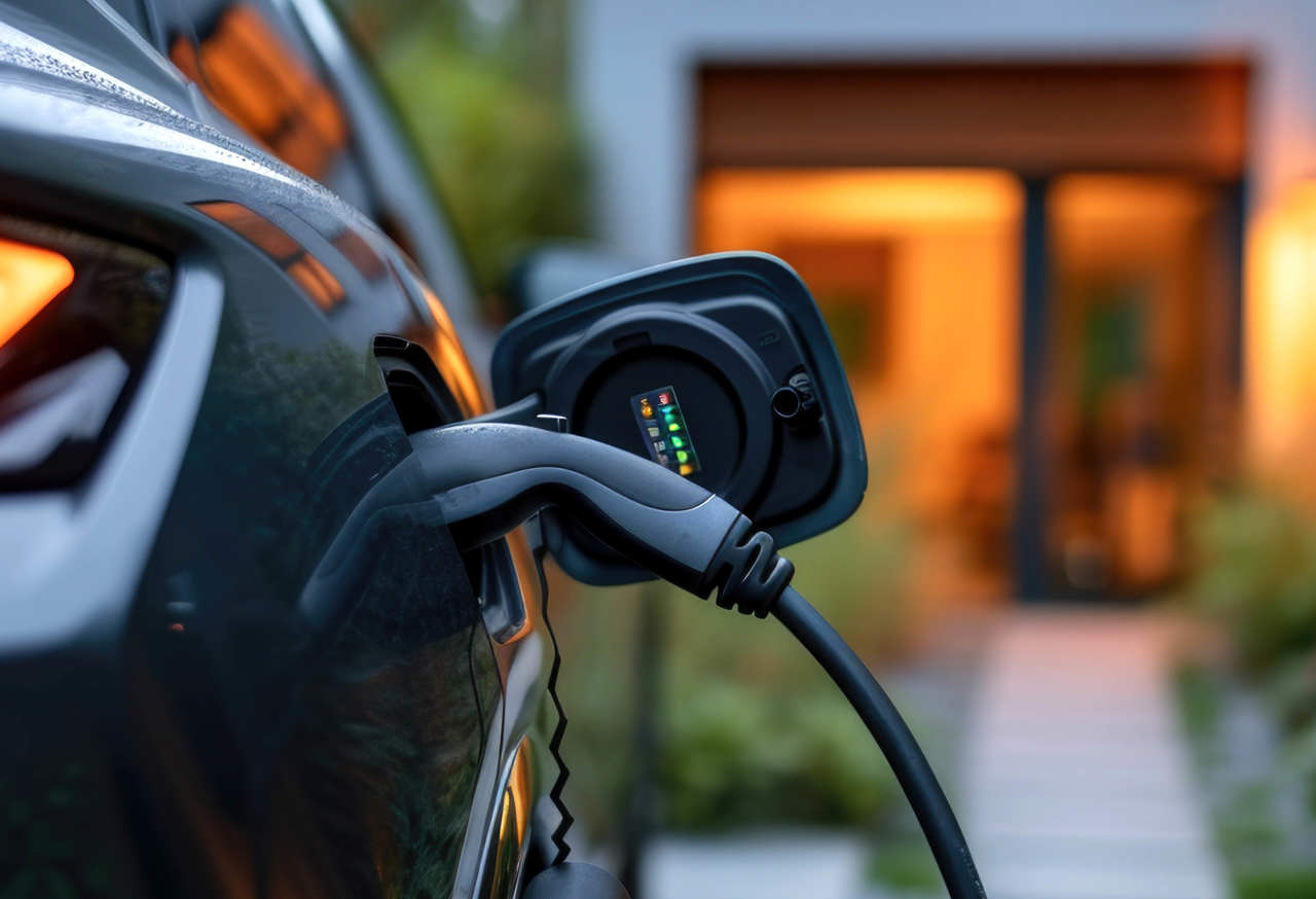 Charging an electric vehicle in a modern house setting with blurred house lights in the background
