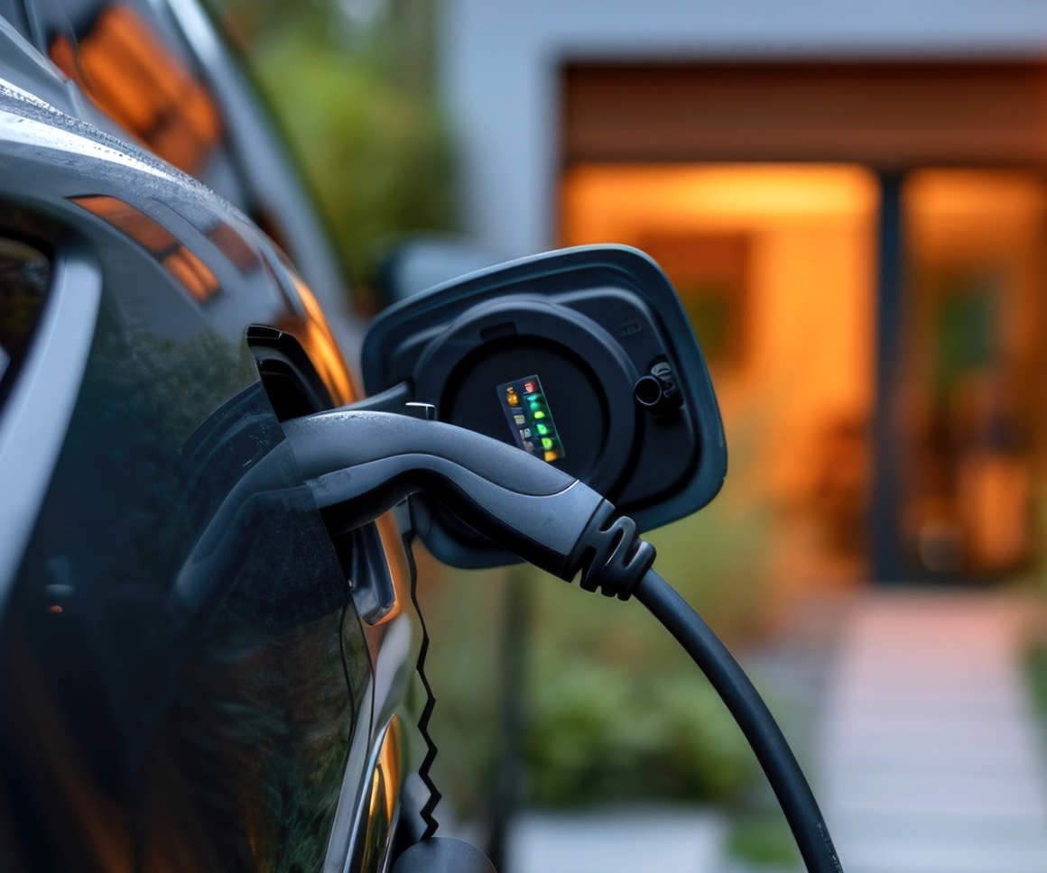 Charging an electric vehicle in a modern house setting with blurred house lights in the background