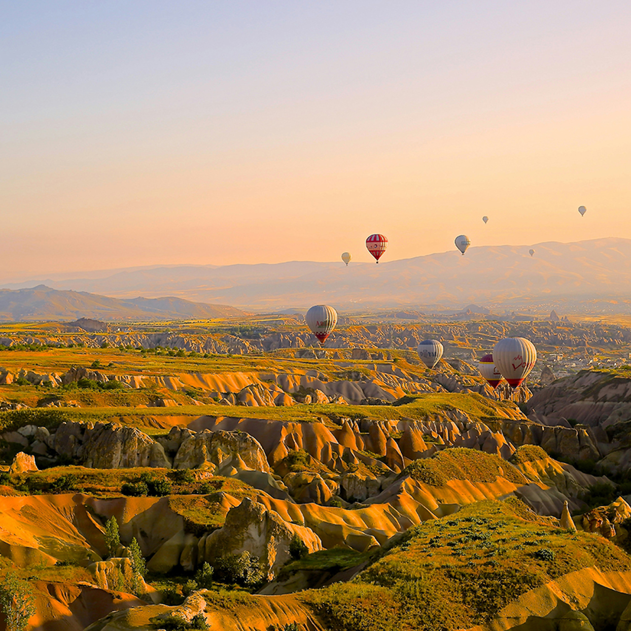 Hot air balloons flying over rocky desert landscape