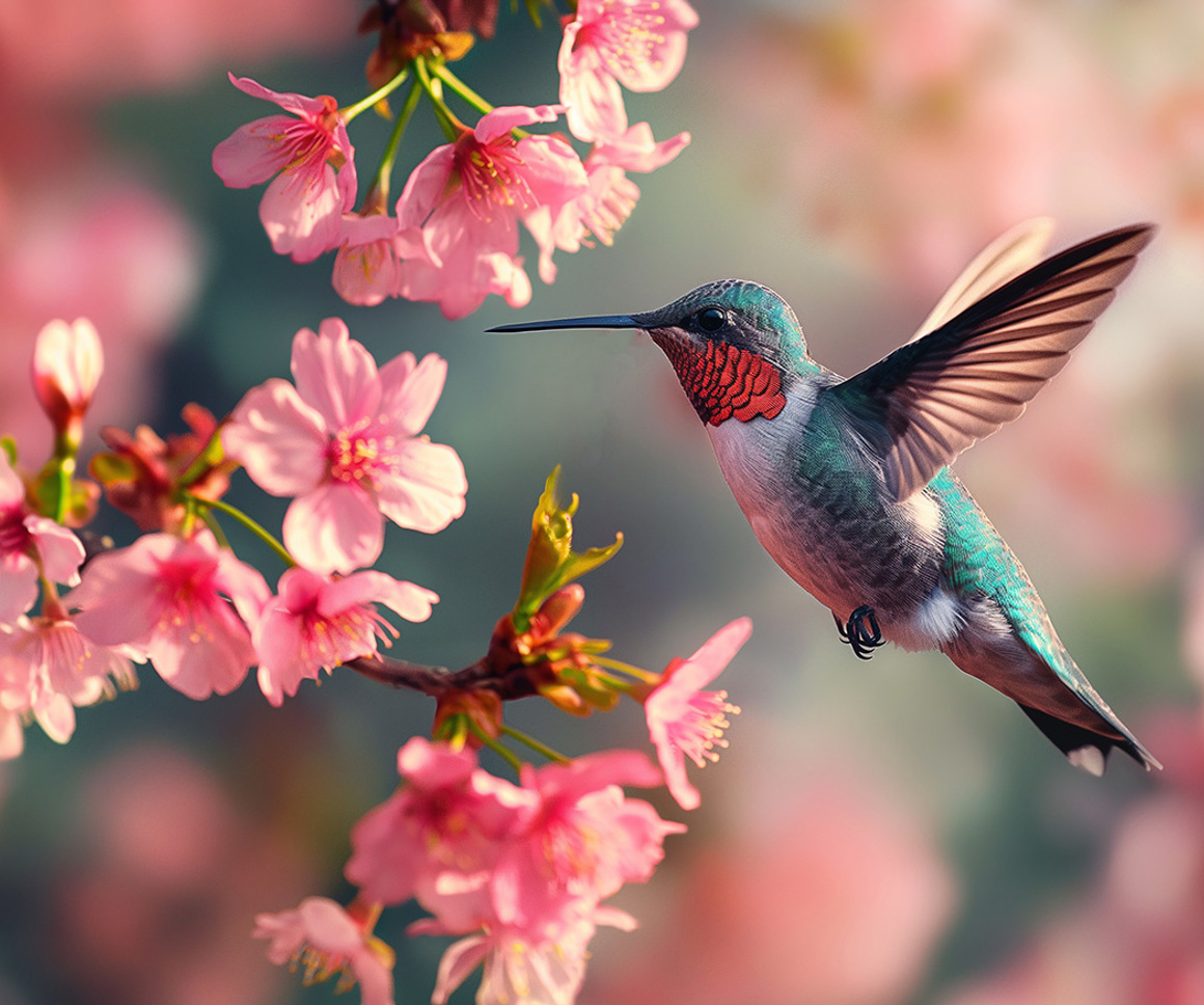 Hummingbird and pink flowers