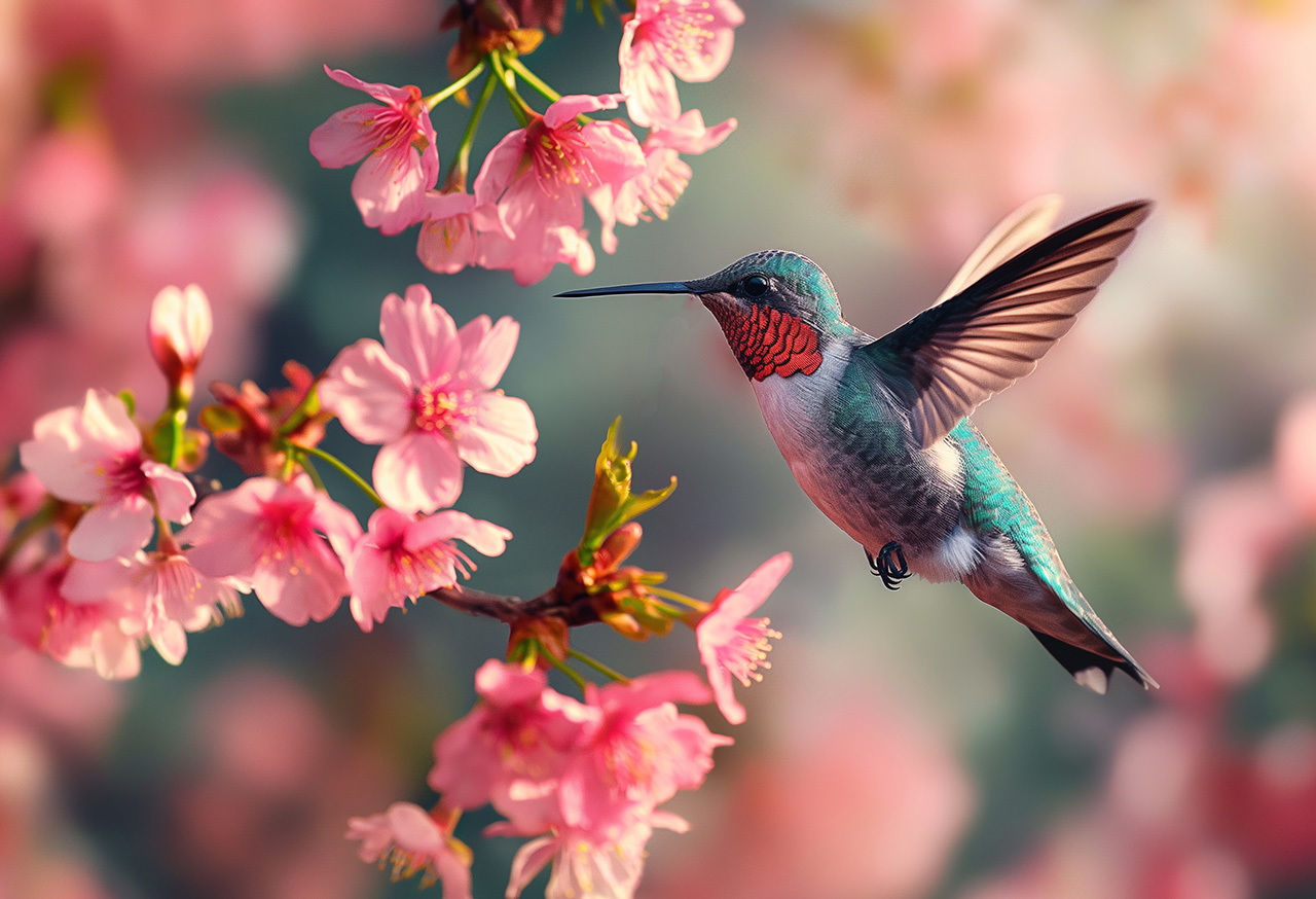 Hummingbird and pink flowers