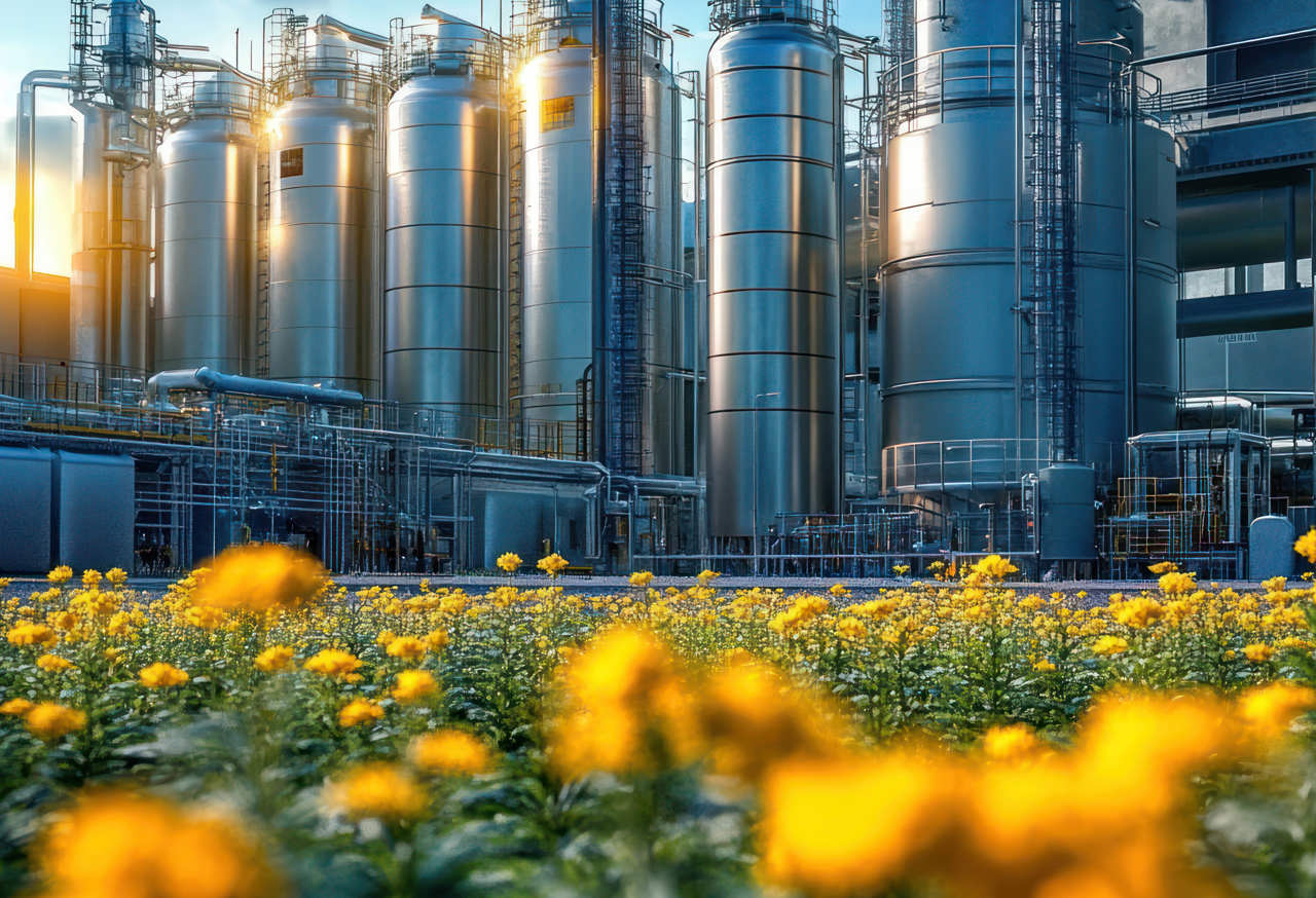 Power station next to field of yellow wildflowers